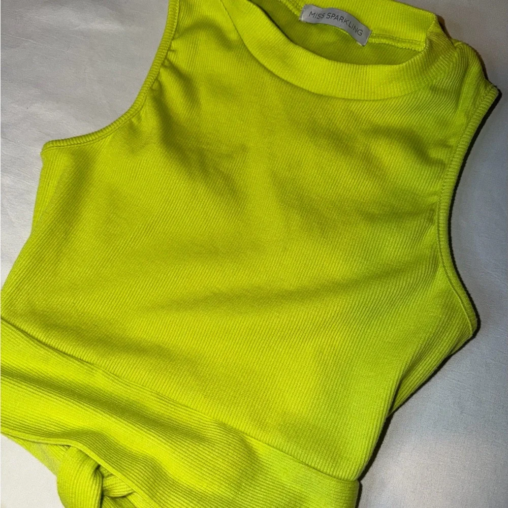 Miss Sparkling Neon Green Ribbed Crop Tank Tie Back Y2K Top Small - Picture 2 of 6
